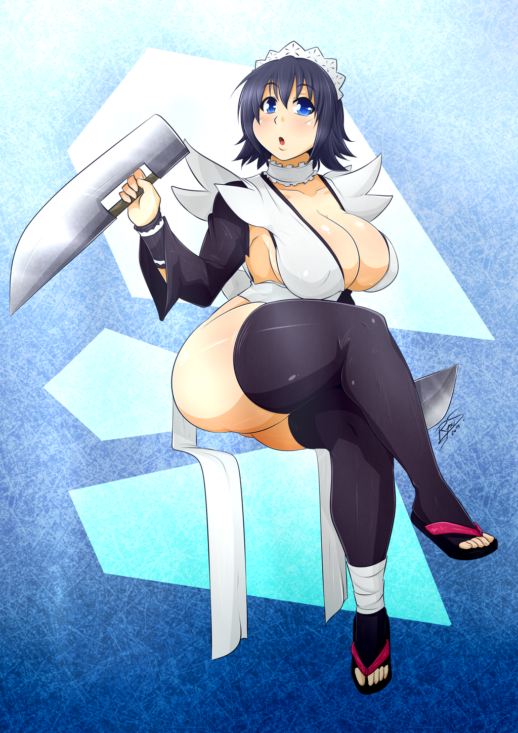 1girl, black_hair, blush, breasts, butterfly_swords, curvy, female, hair_ornament