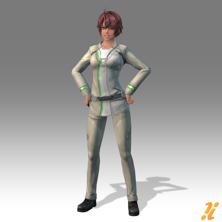 1girl, alexa, dark_skin, hands_on_hips, huge_filesize, nintendo, official_art, red_eyes, redhead, solo, uniform, xenoblade_chronicles_x