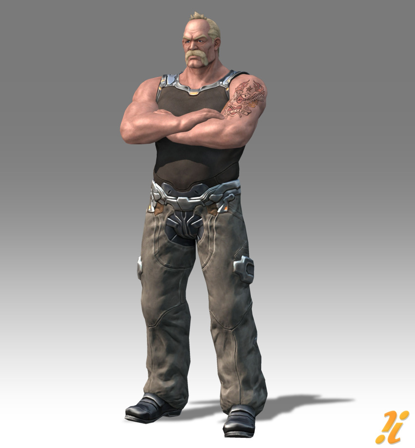 1boy, blonde_hair, crossed_arms, facial_hair, huge_filesize, jack_vandham, muscle, mustache