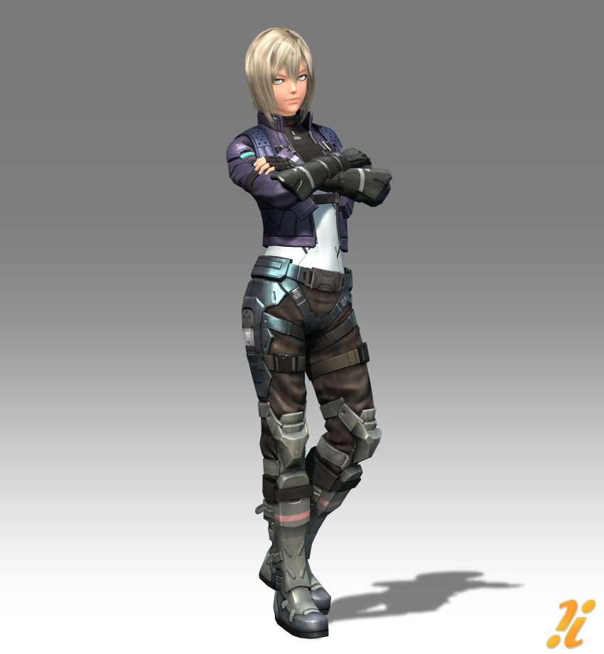1girl, armor, belt, blonde_hair, boots, crossed_arms, fingerless_gloves, gloves, grey_eyes, huge_filesize, irina_akulov, nintendo, official_art, solo, xenoblade_chronicles_x
