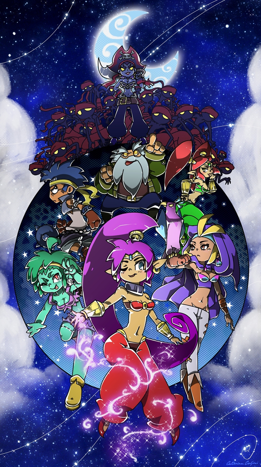 2boys, 6+girls, bandanna, beard, bolo_(shantae), breasts, bridal_gauntlets, cleavage, dark_skin, everyone, facial_hair, green_hair, green_skin, hairband, headband, hood, magic, midair, midriff, mimic_(shantae), moon, multiple_boys, multiple_girls, navel, night, night_sky, pointy_ears, risky_boots, rottytops, shantae, shantae:_half-genie_hero, shantae_(character), sky, sky_(shantae), sparkle, star_(sky), starry_sky, stitches, super_caterina, sword, tinkerbat, wrench_(shantae), zombie