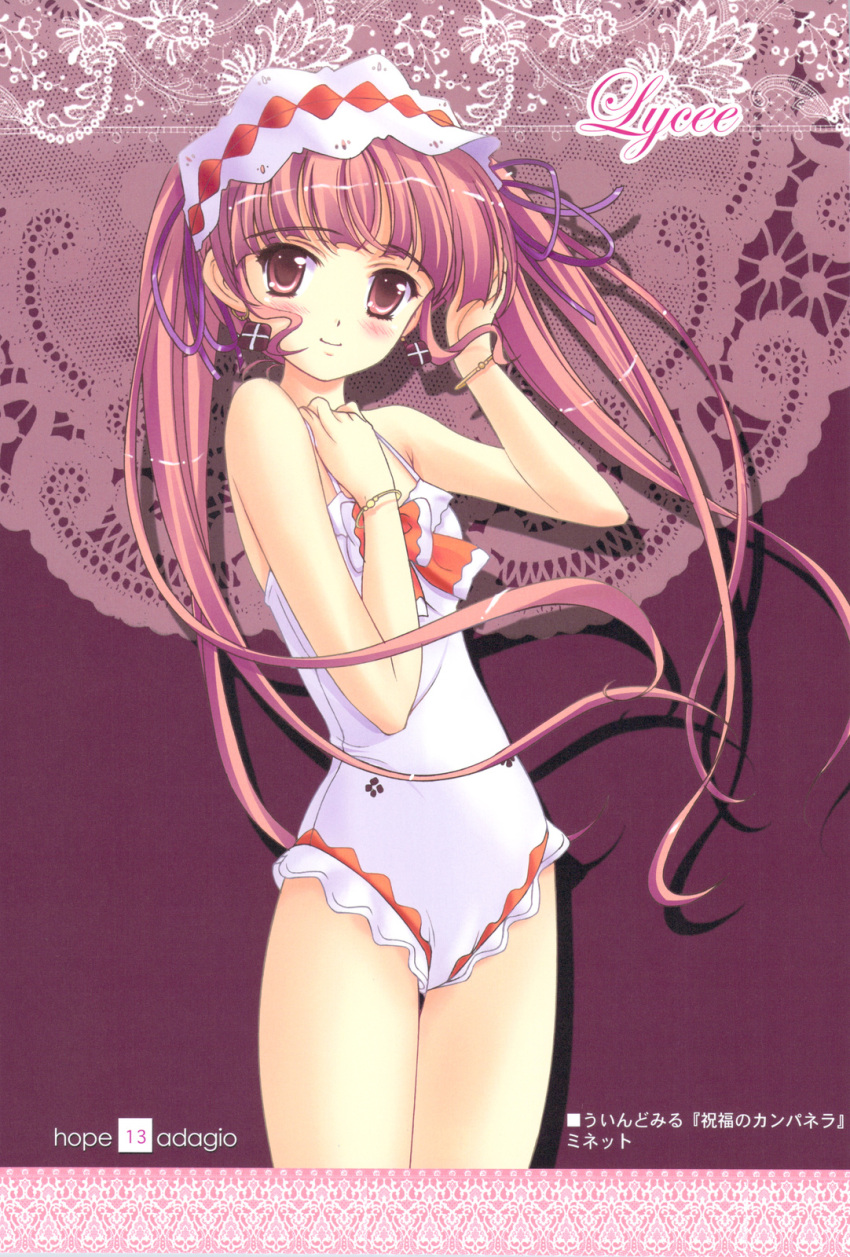 bow, bracelet, earrings, flat_chest, genshou_koubou, hair_ribbon, headband, highres, jewelry, la_campanella_della_benedizione, minette, one-piece_swimsuit, pink_eyes, pink_hair, ribbon, screening, shukufuku_no_campanella, smile, sugiyama_genshou, swimsuit, swimsuit, twintails