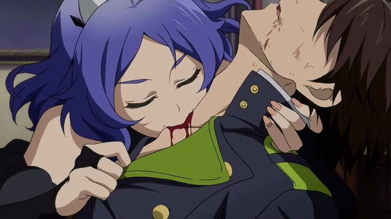 1boy, 1girl, animated, animated_gif, bare_shoulders, biting, blood, blood_sucking
