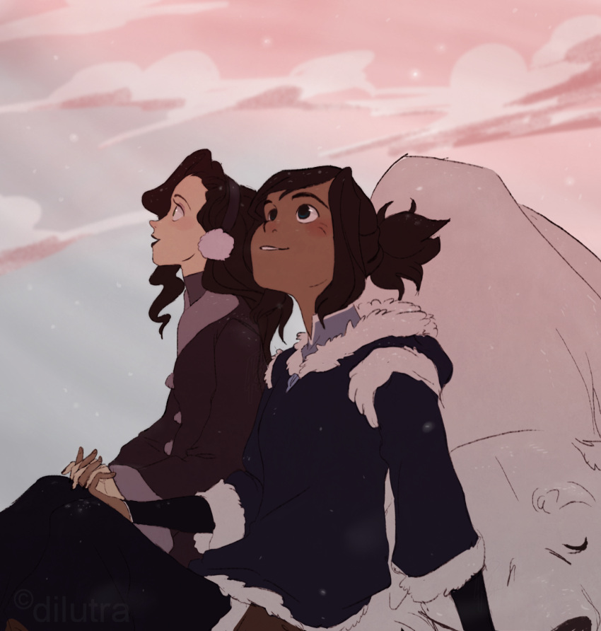 2girls, asami_sato, avatar:_the_last_airbender, brown_hair, couple, dark_skin, dilutra, dog