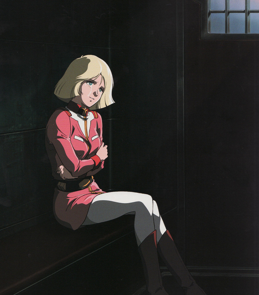 1girl, blonde_hair, boots, cell, crossed_arms, female, gundam, indoors