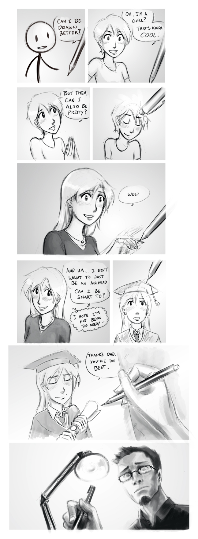 comic, drawing, english, glasses, graduation, lonely, long_hair, monochrome