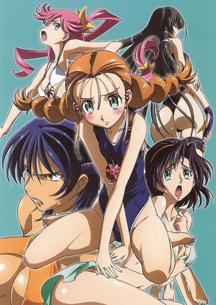 5girls, age_difference, armpits, arms_up, ass, barefoot, bikini, black_hair