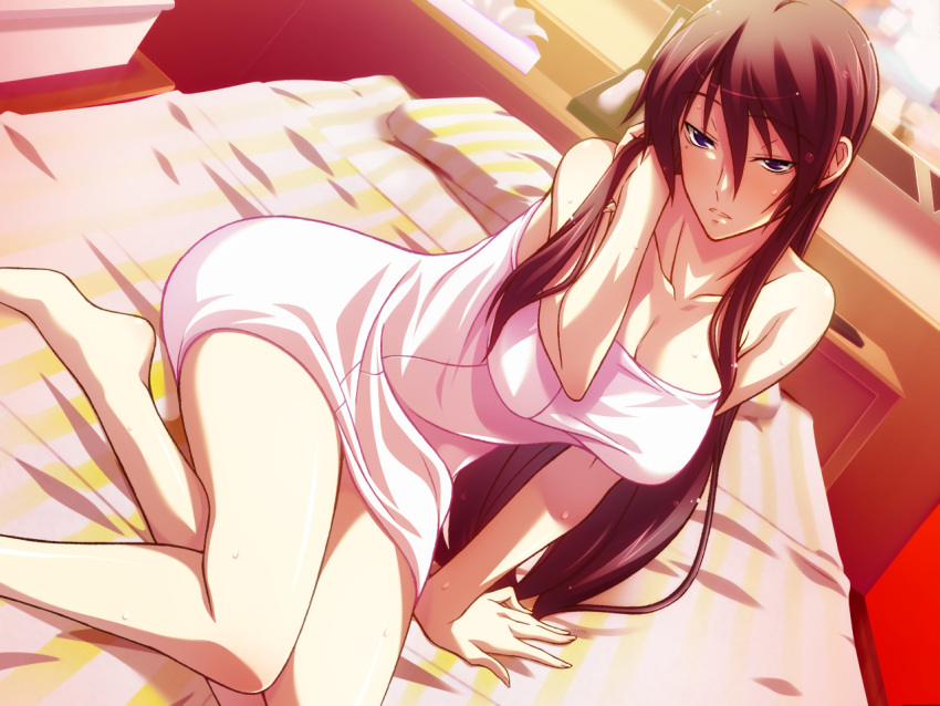 1girl, adjusting_hair, bare_shoulders, barefoot, bed, blush, breasts, brown_hair