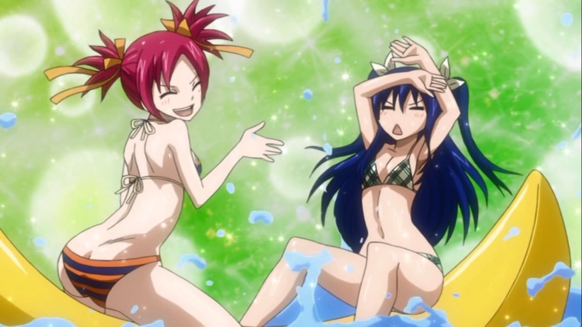 2girls, ass, banana, bikini, blue_hair, breasts, butt_crack, chelia_blendy