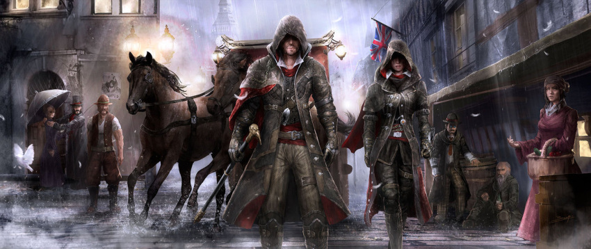 3girls, 5boys, animal, assassin's_creed, assassin's_creed_(series), belt, brother_and_sister, cane