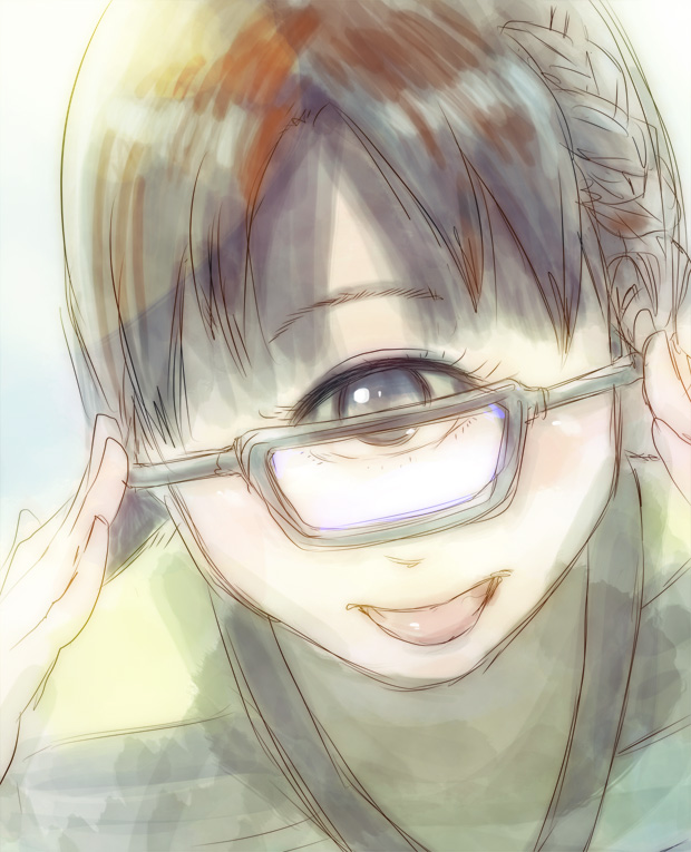 1girl, borusen, cyclops, glasses, one-eyed, smile, solo, tongue