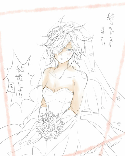 1girl, bare_shoulders, blue_eyes, blush, breasts, cleavage, dress, eyepatch