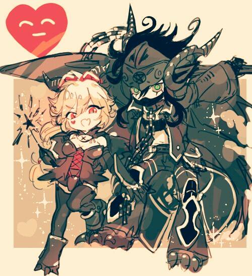 1boy, 1girl, armor, black_hair, blonde_hair, breasts, chains, cleavage, coat, goldov_auora, green_eyes, heart, helmet, long_hair, midriff, nachetanya_loei_piena_augustra, open_mouth, pants, ponytail, red_eyes, rokka_no_yuusha, thigh-highs, weapon
