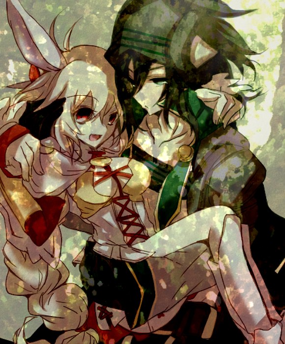 1boy, 1girl, animal_ears, armor, black_hair, breasts, carrying, coat
