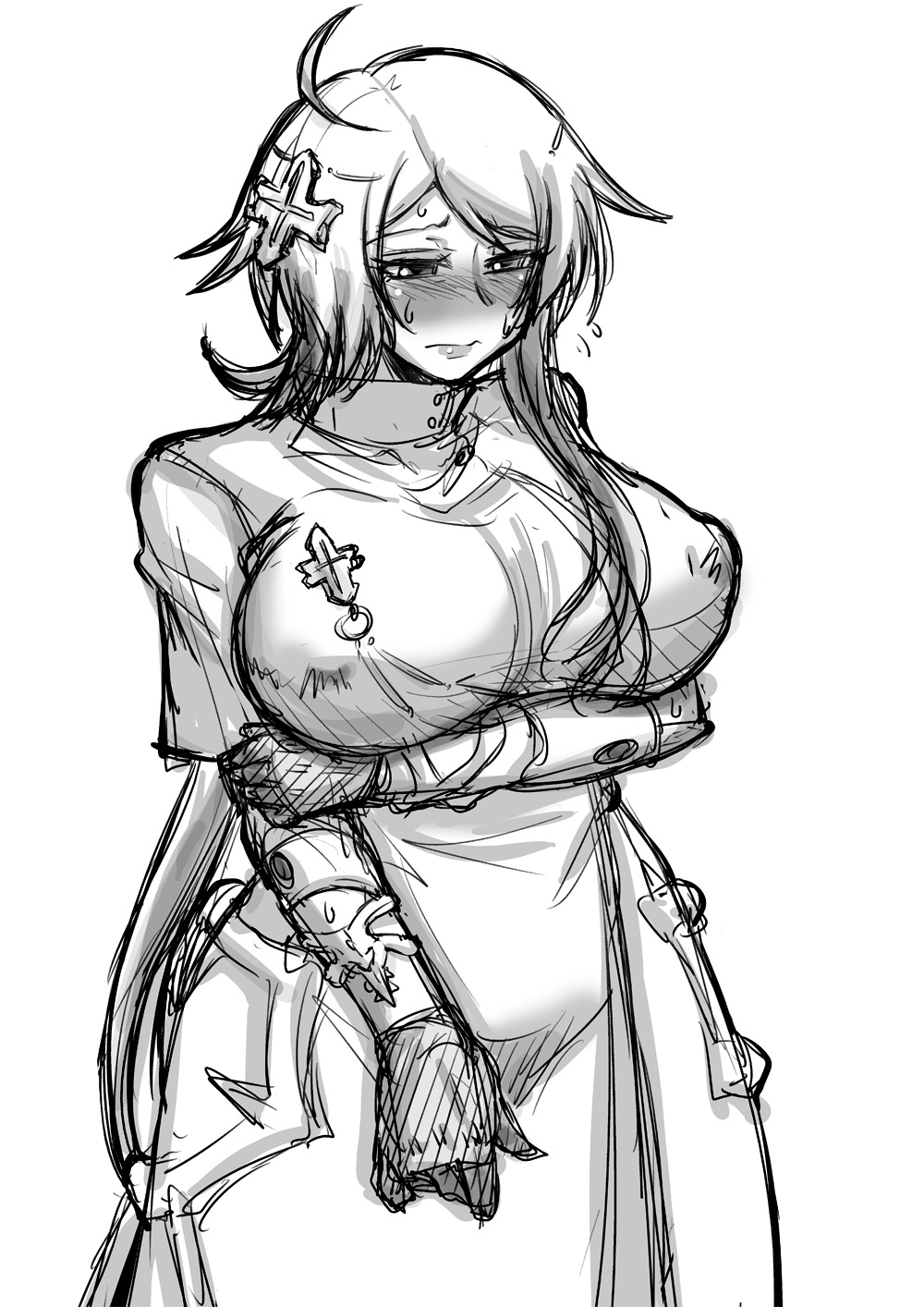 1girl, armor, blush, breasts, dress, female, gloves, hair_ornament, large_breasts, lips, long_hair, maura_chester, monochrome, rokka_no_yuusha, solo, syonnaka