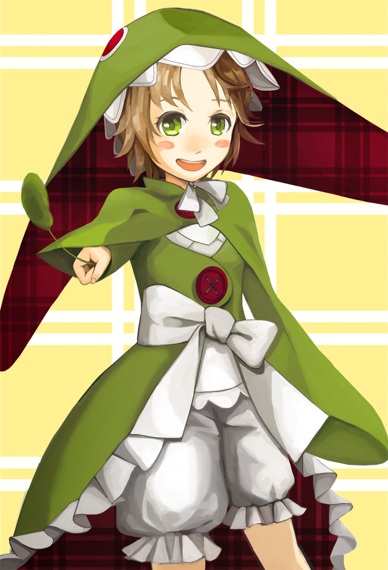 1girl, blush, brown_hair, capelet, chamot_rosso, coat, frills, green_eyes