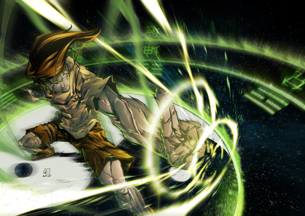 1boy, aura, byakugan, fighting_stance, forehead_protector, hyuuga_neji, lavender_eyes, looking_at_viewer, luis_figueiredo, motion_blur, naruto, solo, toned, yin_yang