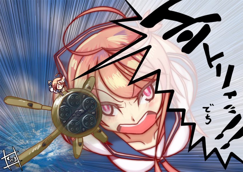 2girls, clouds, flying, gundam, gundam_ms_igloo, i-58_(kantai_collection), kantai_collection, mokerou