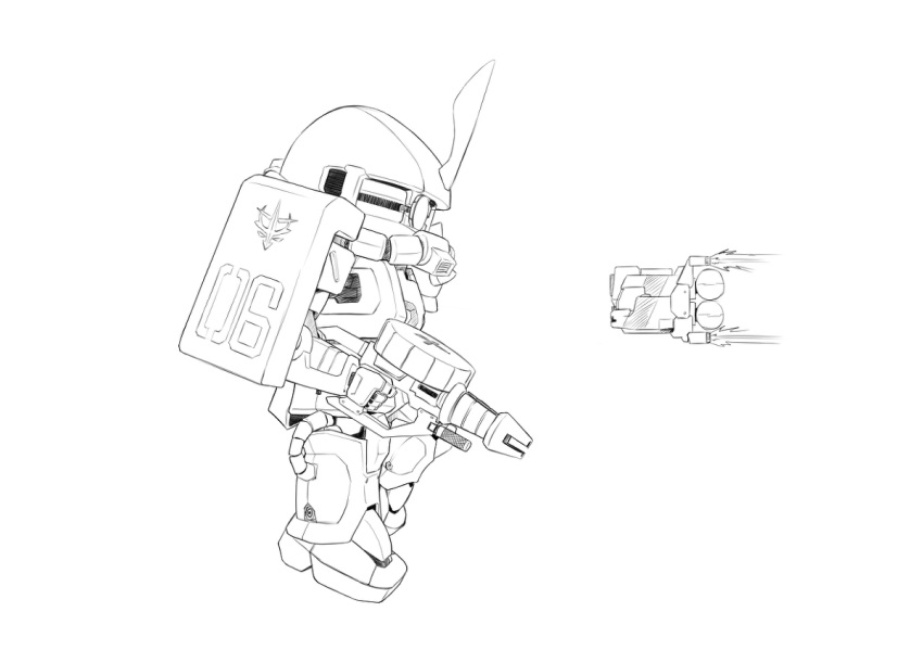 bernard_(zergchu), chibi, gun, gundam, gundam_ms_igloo, mecha, monochrome, no_humans, simple_background, weapon, zaku, zaku_ii