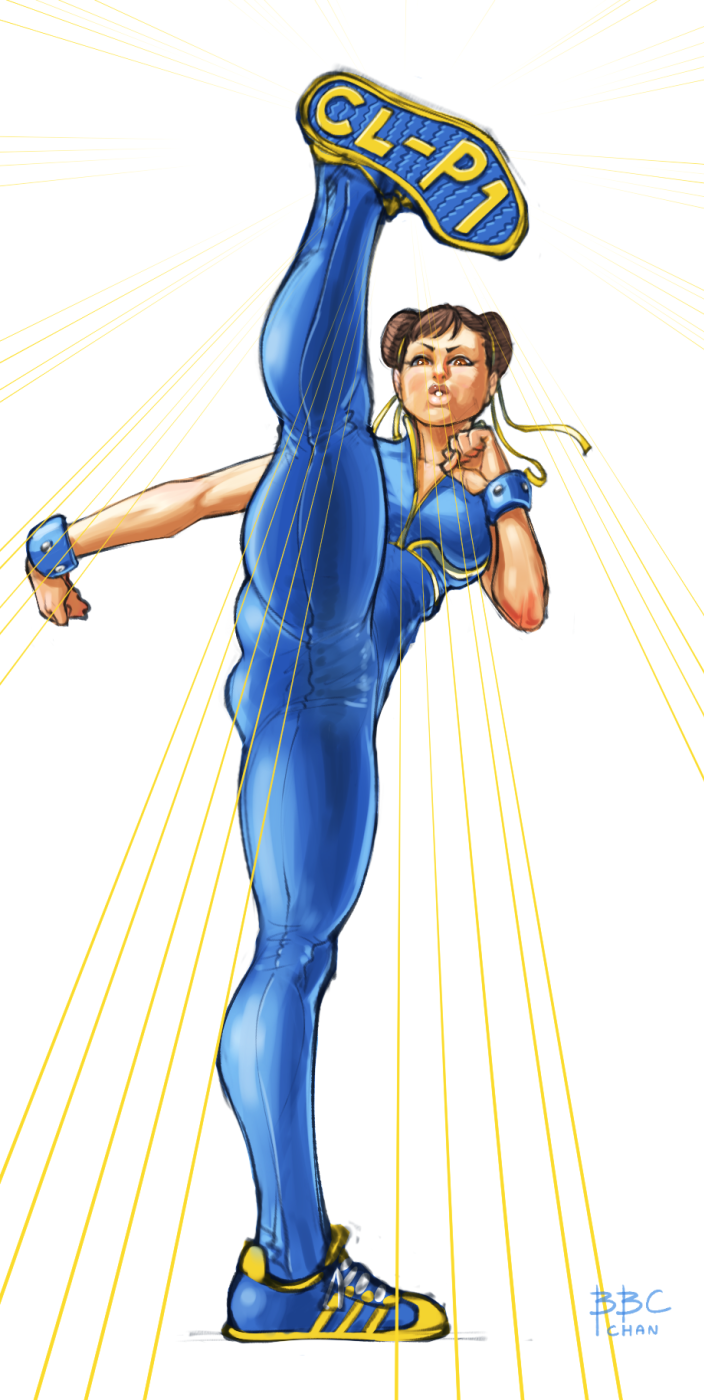 1girl, alternate_costume, bbc-chan, bodysuit, bracelet, chun-li, double_bun, fighting_stance