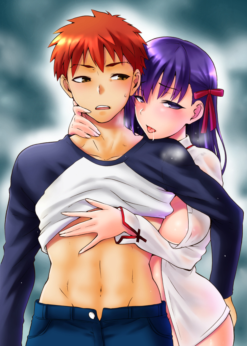 1boy, 1girl, breasts, emiya_shirou, fate/stay_night, fate_(series), hair_ribbon, heavy_breathing, highres, kiasa, looking_at_viewer, matou_sakura, naughty_face, open_clothes, open_mouth, purple_hair, ribbon, saliva, shiny, shiny_hair, shiny_skin, shirt, short_hair, standing, sweat, undressing, violet_eyes, white_shirt