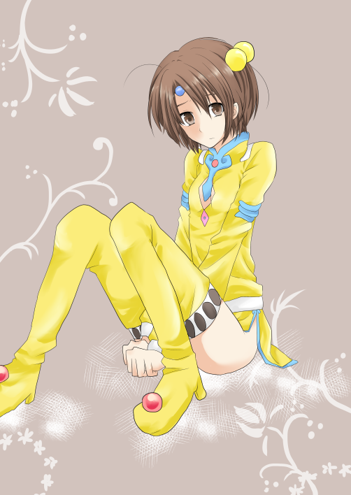 1girl, boots, breasts, brown_background, brown_eyes, brown_hair, cleavage_cutout, dress