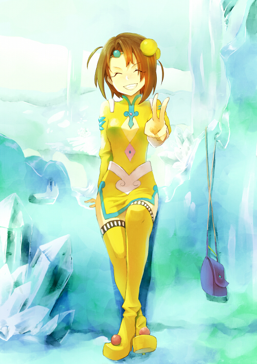1girl, bag, boots, breasts, brown_hair, cleavage_cutout, closed_eyes, dress, hair_ornament, misoshiru_utoma, norma_beatty, open_mouth, short_hair, tales_of_(series), tales_of_legendia, thigh_boots, v