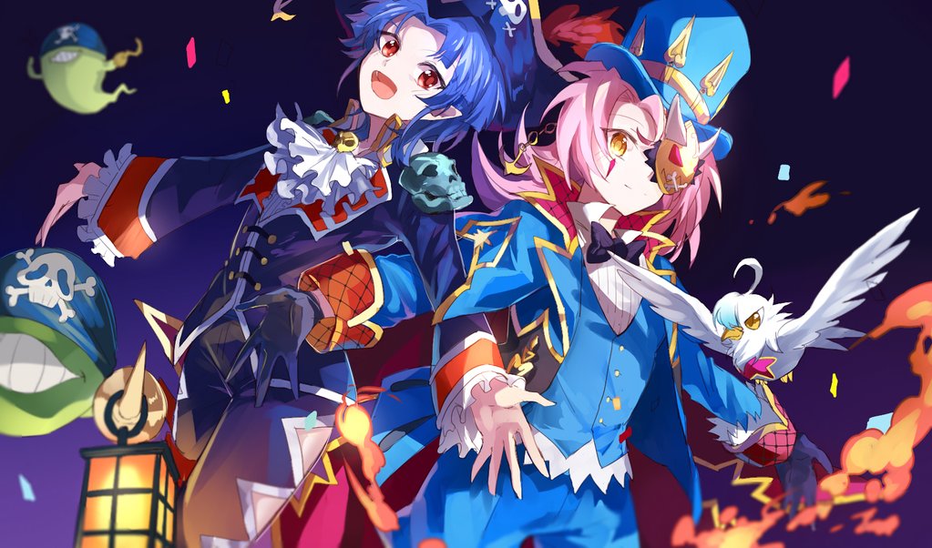2girls, artist_request, bird, blue_hair, card, cardfight!!_vanguard, cardfight!!_vanguard_g, chouno_am, ghost, gloves, hair_ornament, hairpin, hat, magician, magician_hat, mask, masked_magician_harri, masked_magician_harri_(cosplay), multiple_girls, pink_hair, pirate, pirate_hat, red_eyes, tagme, vampire, vampire_princess_of_night_fog_nightrose, vampire_princess_of_night_fog_nightrose_(cosplay), yellow_eyes, yumizuki_luna