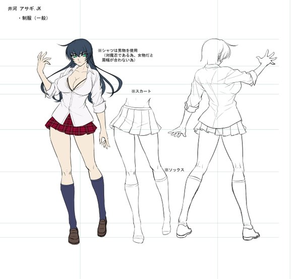 1girl, black_bra, blush, bra, breasts, character_sheet, concept_art, female