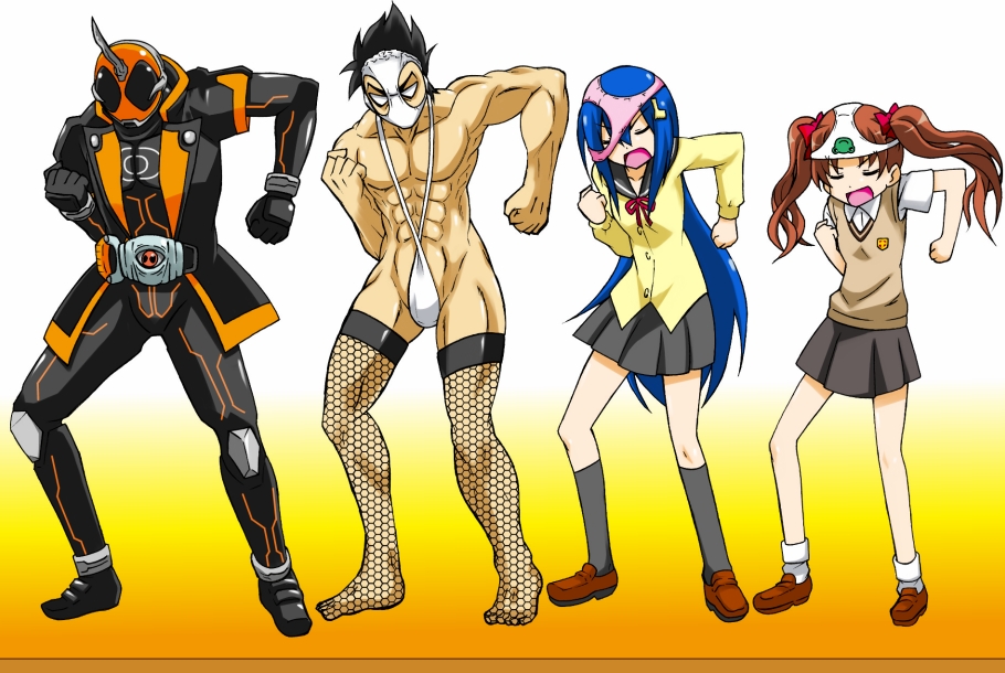 2boys, 2girls, abs, armor, bandou_marimo, black_hair, blue_hair, breasts