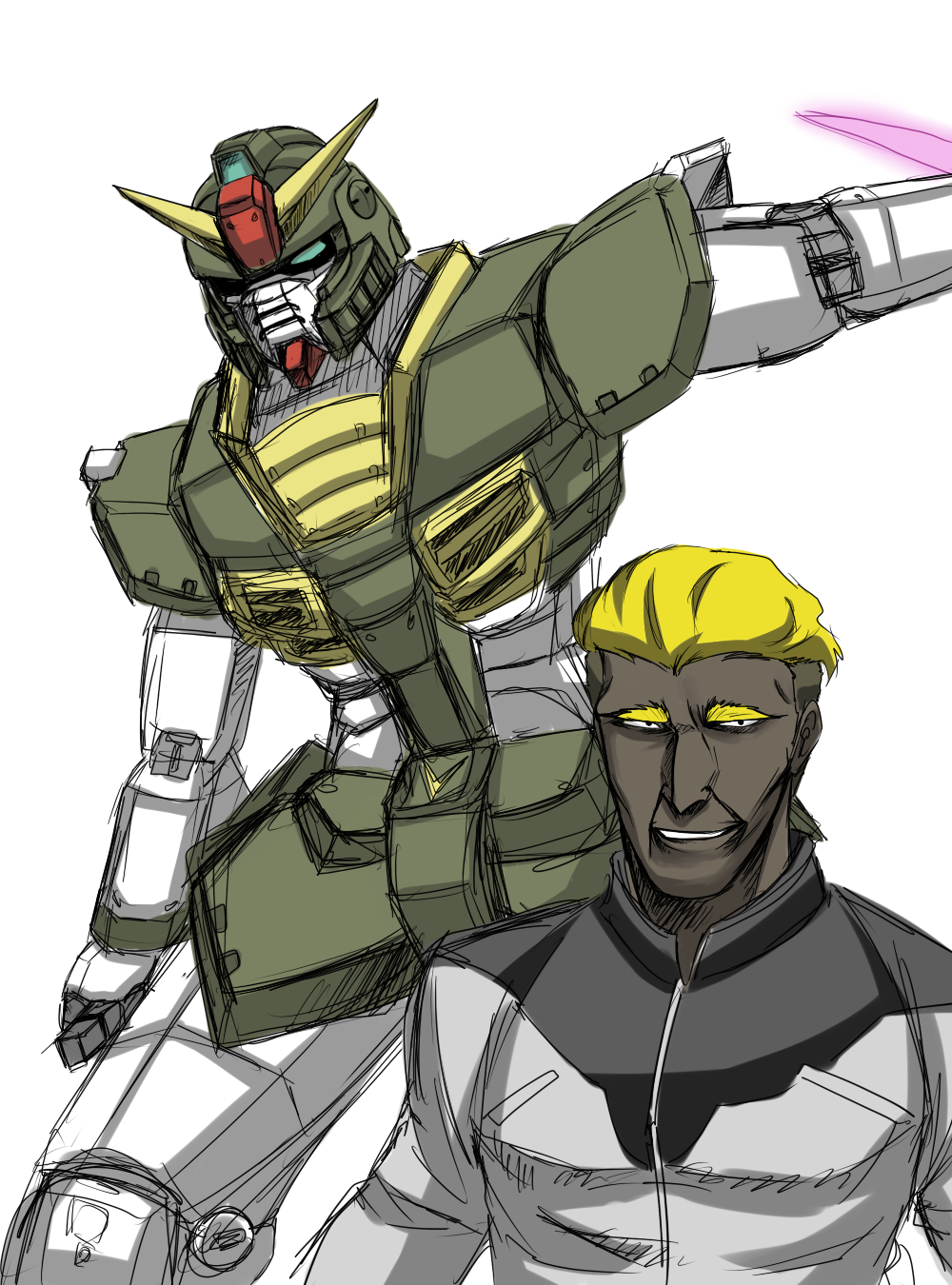 1boy, blonde_hair, dark_skin, dual_wielding, gundam, gundam_we're_federation_hooligans!!, lieutenant_cortez, mecha