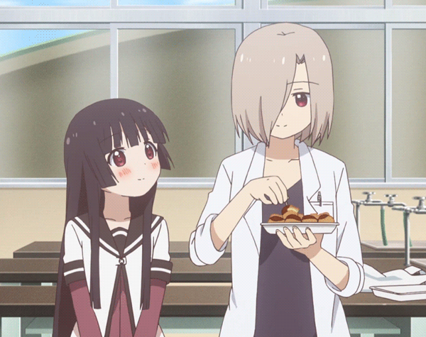 2girls, animated, animated_gif, black_hair, brown_hair, eating, food, matsumoto_rise