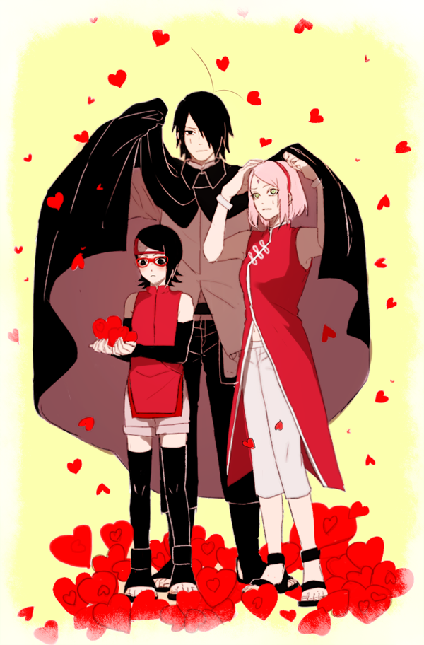 1boy, 2girls, black_hair, boruto:_the_movie, cloak, facial_mark, family, forehead_mark, forehead_protector, hair_over_one_eye, haruno_sakura, heart, m0_ko, multiple_girls, naruto, pink_hair, uchiha_sarada, uchiha_sasuke
