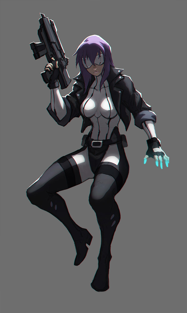1girl, blindfold, bodysuit, full_body, ghost_in_the_shell, jacket, kusanagi_motoko, liyart