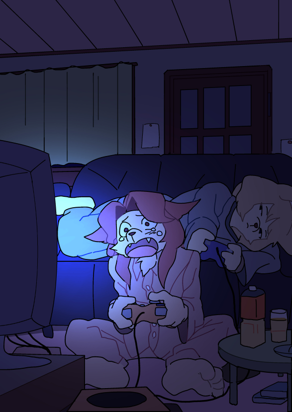 2girls, artist_request, black_eyes, console, controller, couch, dog, furry