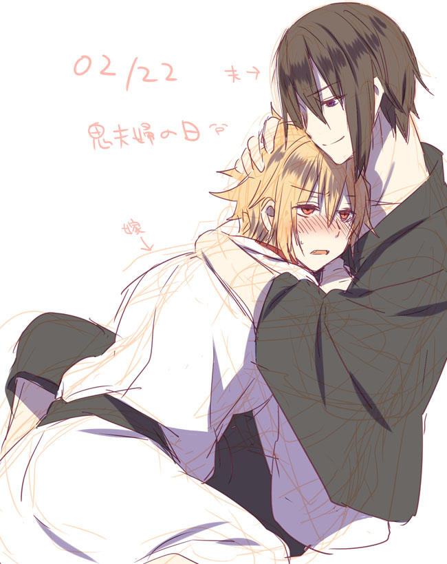 2boys, blonde_hair, blush, chikage_kazama, hakuouki_shinsengumi_kitan, hijikata_toshizou_(hakuouki), male_focus, multiple_boys