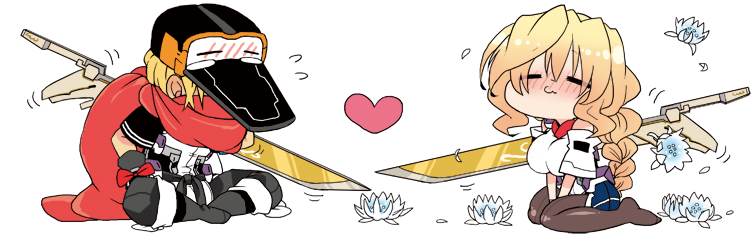 1boy, 1girl, blonde_hair, chibi, couple, flower, hat, hjm