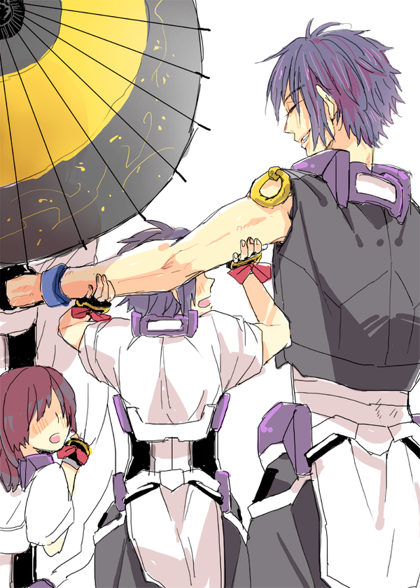 1girl, 2boys, black_hair, fingerless_gloves, gloves, hjm, kyoukaisenjou_no_horizon, multiple_boys