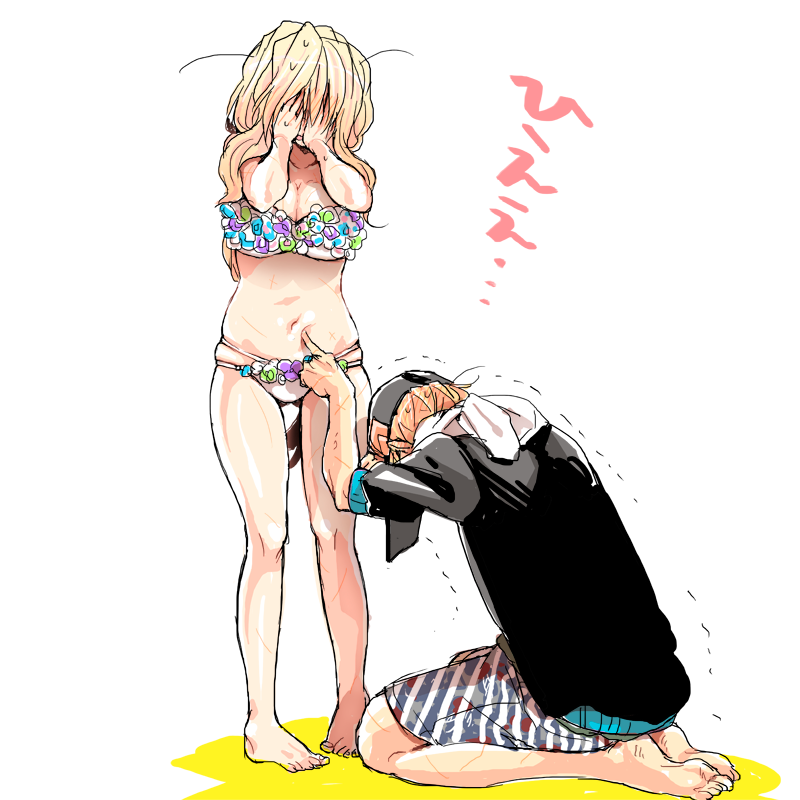 1boy, 1girl, bikini, blonde_hair, couple, covered_face, hat, hjm