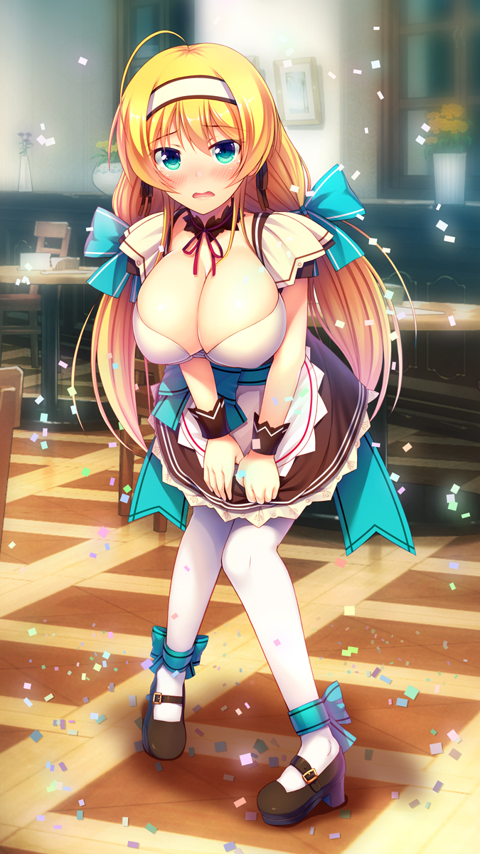 1girl, ahoge, apron, aqua_eyes, bar, blonde_hair, blush, breasts