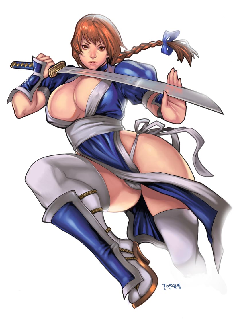 10s, 1girl, 2012, braid, breasts, brown_eyes, brown_hair, choker, cleavage, cleavage_cutout, cropped_legs, curvy, dead_or_alive, elizabeth_torque, erect_nipples, female, fighting_stance, greaves, hair_ribbon, high_heels, kasumi_(doa), katana, large_breasts, lips, long_hair, looking_at_viewer, ninja, no_bra, panties, pelvic_curtain, ponytail, puffy_sleeves, reverse_grip, ribbon, sash, side-tie_panties, single_braid, solo, sword, tabi, thick_thighs, thigh-highs, thighs, unaligned_breasts, underwear, vambraces, white_legwear, white_panties, wide_hips