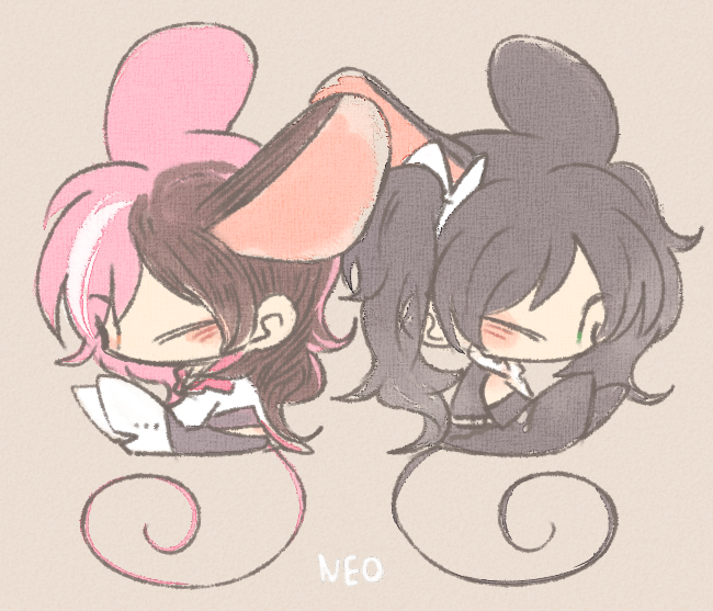 2girls, animal_ears, black_hair, brown_hair, chibi, dual_persona, mouse_ears, multicolored_hair