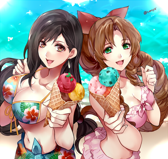 2girls, aerith_gainsborough, back-to-back, bikini, black_hair, bow, breasts, brown_eyes