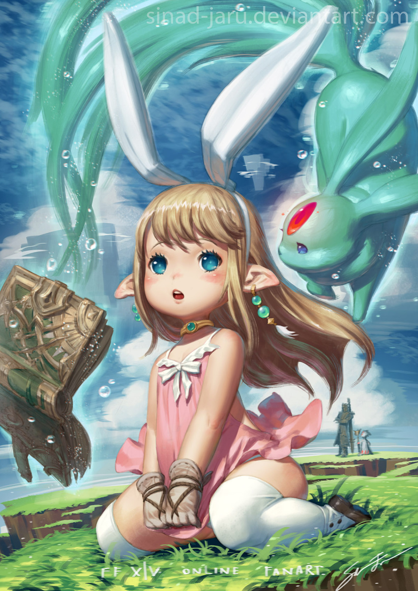 1girl, animal_ears, blonde_hair, blue_eyes, book, bow, carbuncle_(final_fantasy), choker, dark_knight_(final_fantasy), dress, dress_pull, final_fantasy, final_fantasy_xiv, floating, gloves, grass, hair_bow, kneeling, lalafell, looking_at_viewer, open_mouth, panties, pantyshot, pantyshot_(sitting), pointy_ears, rabbit_ears, short_dress, sinad_jaruatjanapat, sitting, solo_focus, underwear, white_mage