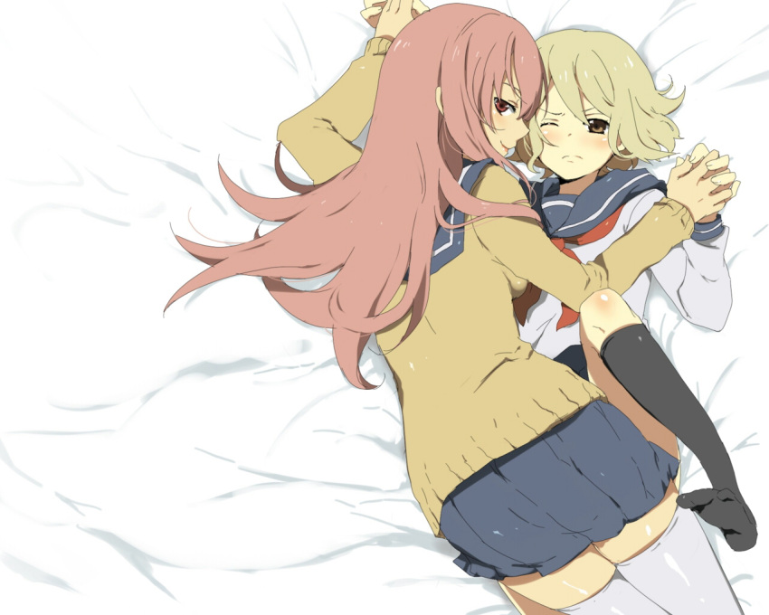 artist_request, bed, blonde_hair, blush, brown_eyes, feet, from_above, frown