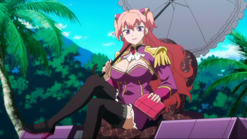 1girl, animated, animated_gif, bouncing_breasts, breasts, charlotte_scherzen, cleavage, high_heels, large_breasts, long_hair, sitting, smile, thigh-highs, valkyrie_drive, valkyrie_drive_-mermaid-
