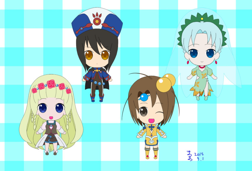 4girls, aqua_hair, black_eyes, black_hair, blonde_hair, blue_eyes, bodysuit, boots