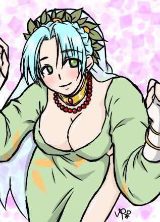 1girl, aqua_hair, blush, bracelet, braid, breasts, choker, cleavage
