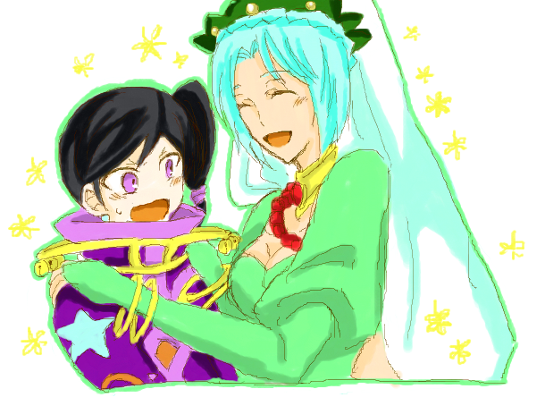 1boy, 1girl, aqua_hair, black_hair, blush, braid, breasts, choker