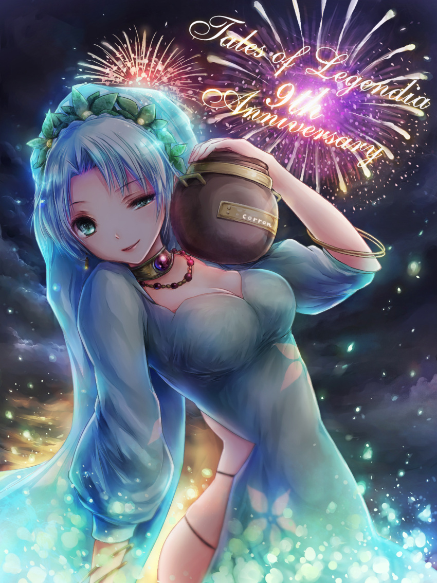 1girl, aqua_eyes, blue_hair, bracelet, braid, breasts, choker, cleavage